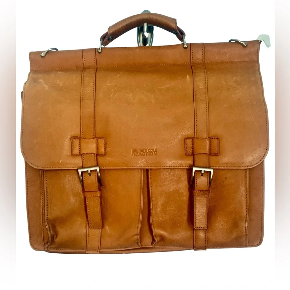 Kenneth Cole Reaction Cognac Leather Laptop Briefcase Messenger Bag